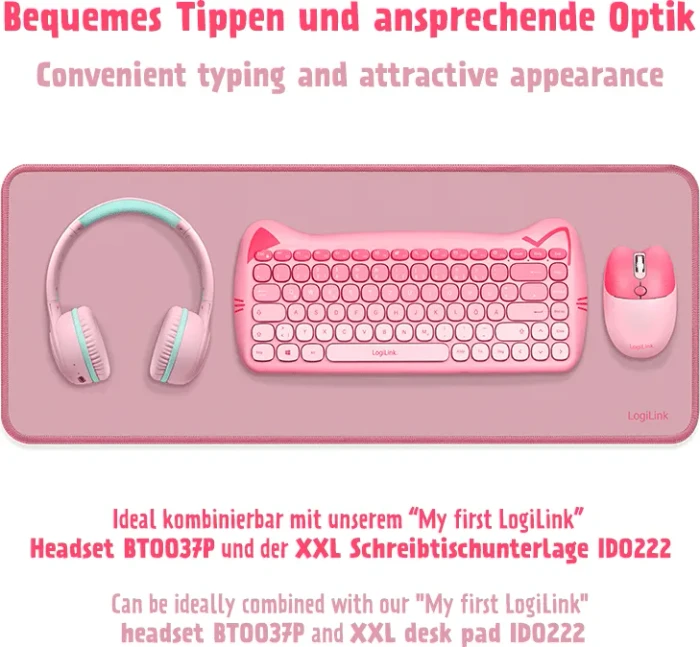 LogiLink Kitty Kindgerechtes Wireless Tastatur-Maus-Set, rosa, USB, DE