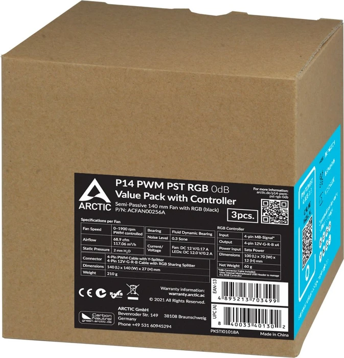 ARCTIC P14 PWM PST RGB 0dB schwarz, LED-Steuerung, 140mm, 3er-Pack