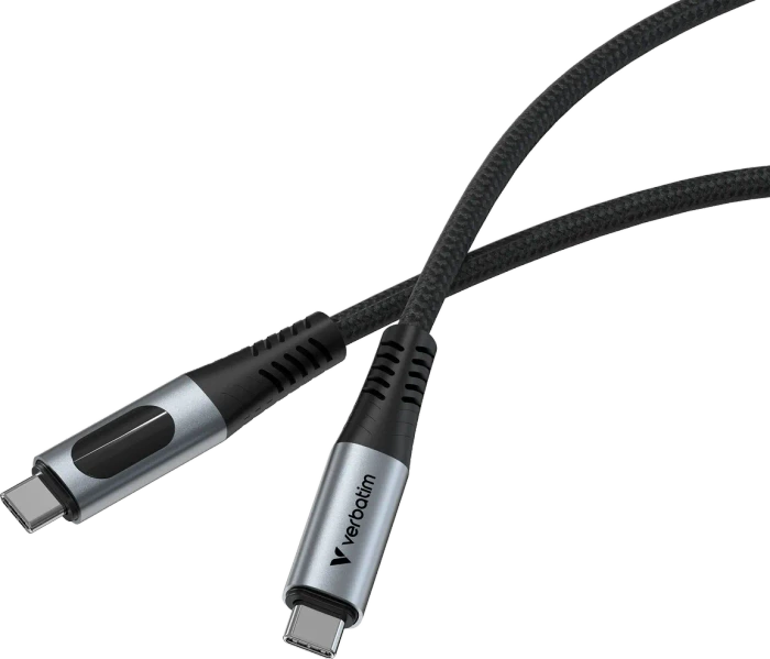 Verbatim Sync & Charge USB-C Kabel mit Leistungsanzeige-Display, USB 2.0, 480Mb/s, 100W PD 3.0/QC 3.0, USB-C Stecker auf USB-C Stecker, schwarz, 1.2m
