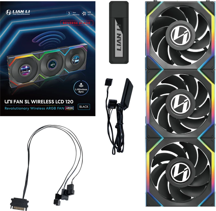 Lian Li Uni Fan SL Wireless LCD 120 ARGB Reverse Blade, schwarz, LED-Steuerung, 120mm, 3er-Pack