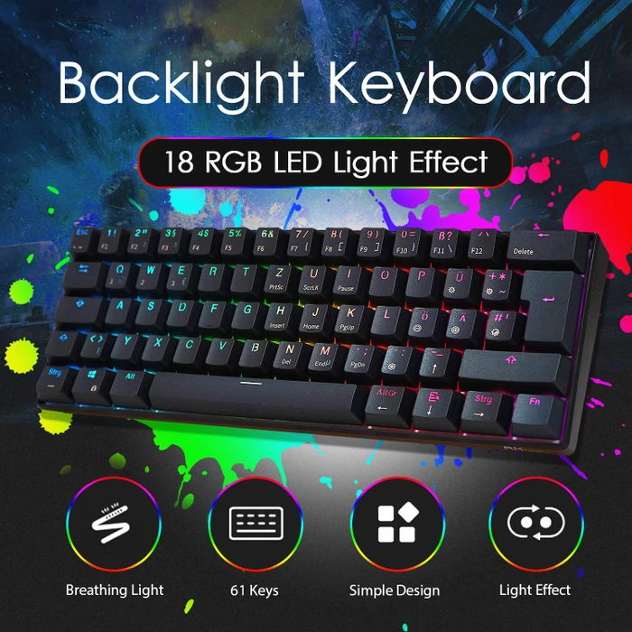 RK Royal Kludge RK61 60% Wireless, schwarz, LEDs RGB, Gateron RED, USB/Bluetooth, DE