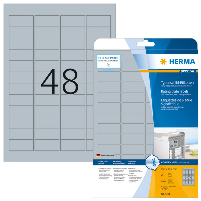Herma Typenschildetiketten Special, 45.7x21.2mm, wetterfest, silber, matt, 25 Blatt (1200 Etiketten)