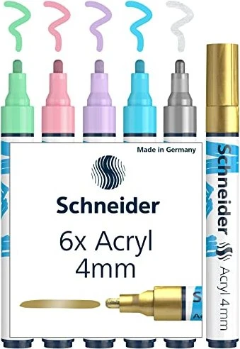 Schneider Paint-It 320 4mm Acrylmarker pastell mit gold/silber sortiert, 6er-Set