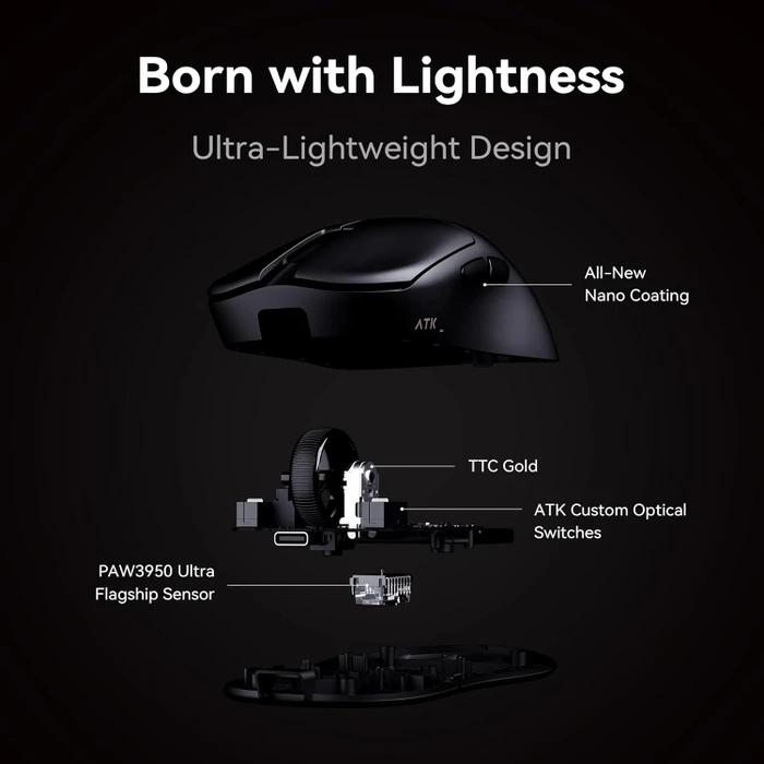 ATK Blazing Sky U2 V2 Ultimate 8K Superlight Wireless Gaming Maus, schwarz, USB/Bluetooth