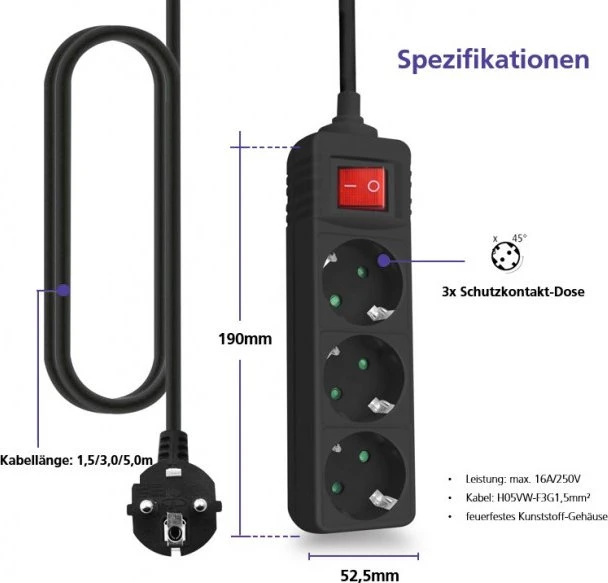 Helos CLASSIC Steckdosenleiste mit Schalter, 3-fach, 1.5m, schwarz