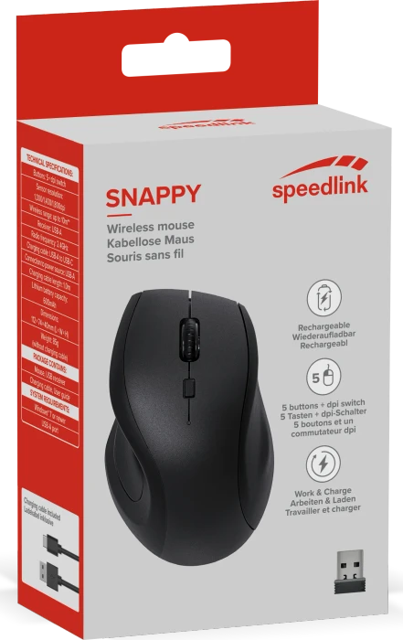 Speedlink Snappy Rechargeable Silent Wireless Mouse, schwarz, USB