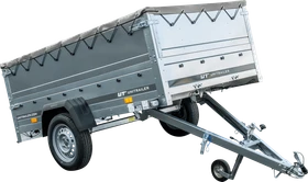Unitrailer Garden Trailer 230 Kipp mit zusätzlichen Bordwänden, Stützrad, grauer Flachplane und Planenträgern