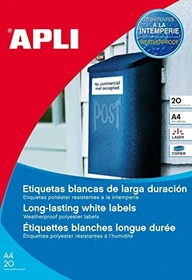 APLI Etiketten, 210x297mm, wetterfest, weiß, matt, 20 Blatt (20 Etiketten)
