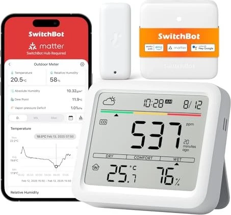 SwitchBot Meter Pro CO2 Luftqualitätsmonitor Temperaturstation mit Außeneinheit und Hub Set, digital
