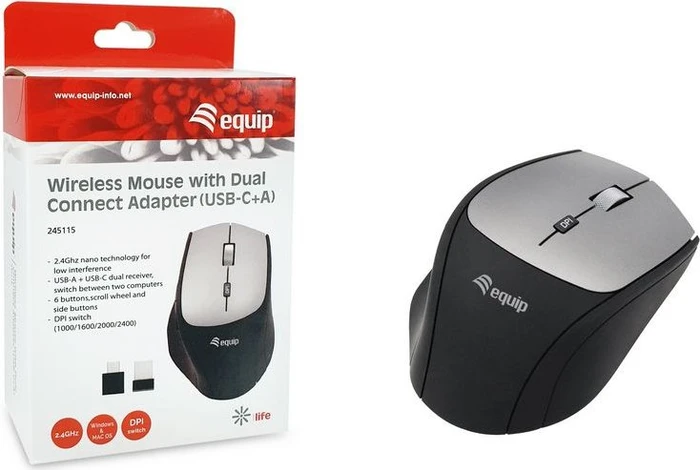 Equip Life Wireless Mouse with Dual-Connect Adapter, grau/schwarz, USB