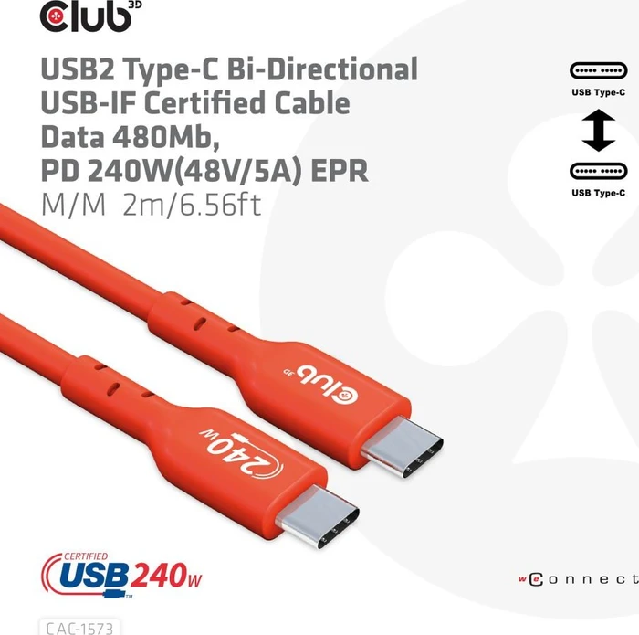Club 3D USB-C 2.0 Kabel, 480Mb/s, 240W PD EPR, USB-C 2.0 Stecker auf USB-C 2.0 Stecker, 2m
