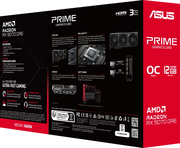 ASUS Prime Radeon RX 9070 GRE OC, PRIME-RX9070GRE-O12G, 12GB GDDR6, HDMI, 3x DP