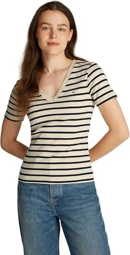 Tommy Hilfiger V-Neck Slim Fit T-Shirt kurzarm fine stripe/country ivory/dark night navy (Damen)