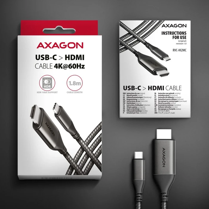 Axagon HDMI Adapterkabel, USB-C [Stecker] auf HDMI 2.1 [Stecker] 4K60Hz, Adapterkabel, 1.8m