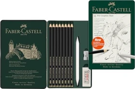Faber-Castell Pitt Graphite Matt Bleistift sortiert, Metalletui, Radierer, Anspitzer, 1 Papierwischer, 11er-Set