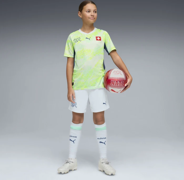 Puma FIFA WM 2026 Schweiz Auswärtsshorts sea glass/dark indigo (Junior)