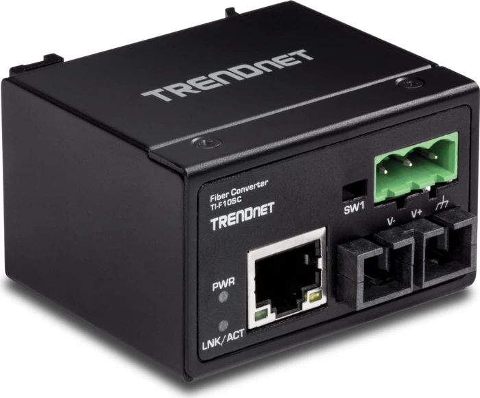 TRENDnet TI-F10SC Hardened Industrial Railmount Media Converter, RJ-45, SC-Duplex 100Base-FX MM 2km
