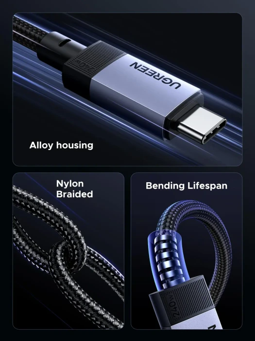 Ugreen USB4 Kabel, USB4, 40Gb/s, 8K60Hz, 240W PD 3.1, USB-C Stecker auf USB-C Stecker, schwarz, ummantelt, 1m
