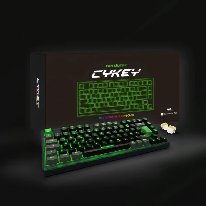nerdytec Cykey QMK/VIA Gaming Keyboard, 75%, schwarz/transluzent, LEDs RGB, hot-swap, Gateron G Pro 3.0 YELLOW, USB, DE
