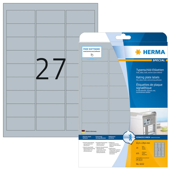 Herma Typenschildetiketten Special, 63.5x29.6mm, wetterfest, silber, matt, 25 Blatt (675 Etiketten)