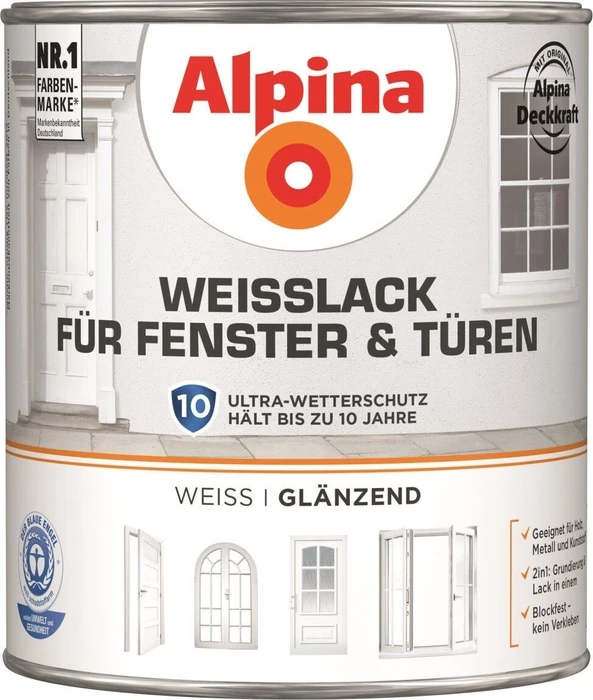 Alpina Farben Weißlack Fenster & Türen glänzend weiß, 2l