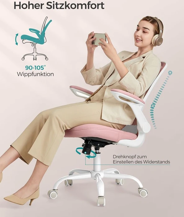 Songmics Bürostuhl ergonomisch mit Amrlehnen, pastellrosa