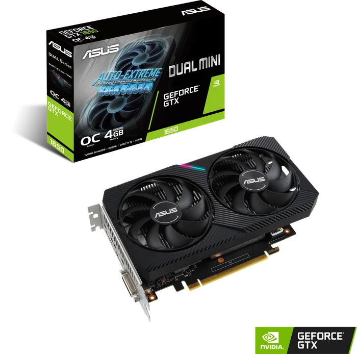 ASUS Dual GeForce GTX 1650 OC Mini, DUAL-GTX1650-O4GD6-MINI, 4GB GDDR6, DVI, HDMI, DP