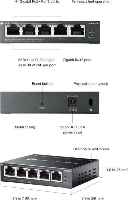 TP-Link Omada ES205GP Desktop Gigabit Smart Switch, 5x RJ-45, 65W PoE+