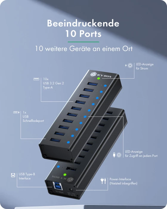 RaidSonic Icy Box IB-AC6110a USB-Hub, 10x USB-A 3.1, USB-B 3.1 [Buchse]