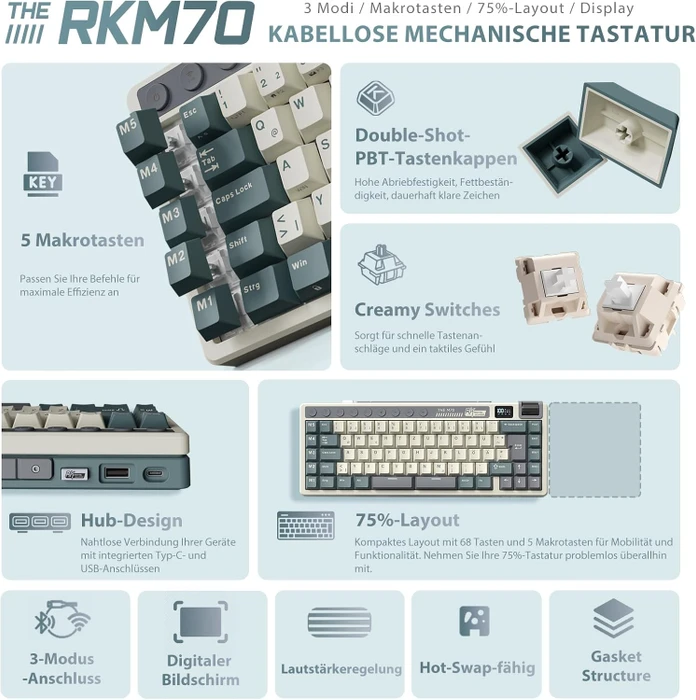 RK Royal Kludge M70 Wireless, Cyan Purple, weiß/blau, LEDs RGB, hot-swap, RK Linear Cream, USB/Bluetooth, DE