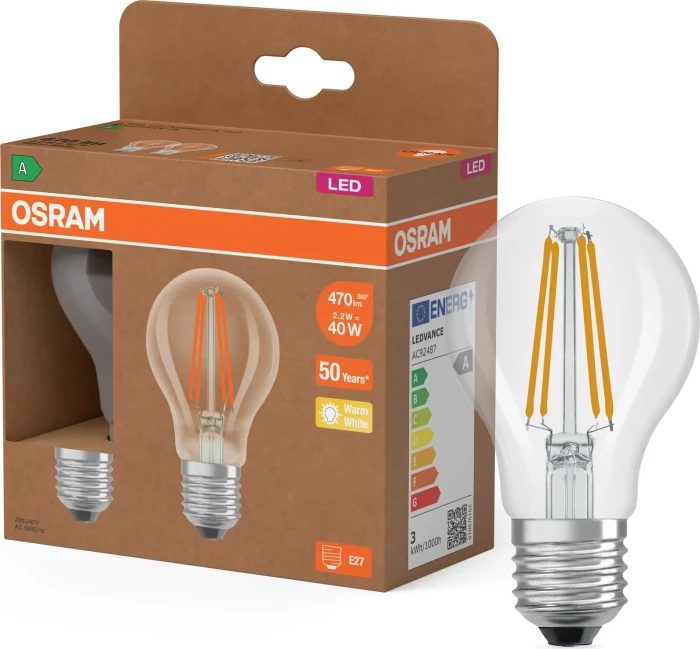 Osram LED SUPERSTAR+ CLASSIC A FIL 40 EECA 2.2W/827 E27, 2 Stück