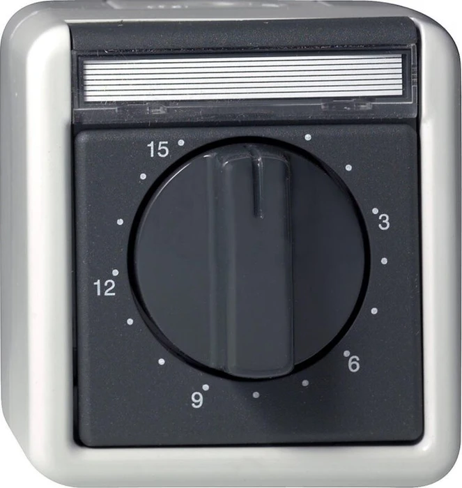 GIRA Zeitschalter 2-polig 032030 | 16A 250V | Aufputz | IP44 wassergeschützt | 0-15 min | Beschriftungsfeld | grau Image