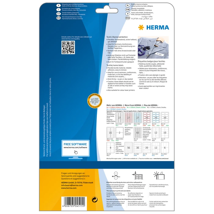 Herma Namensetiketten Acetatseide, 88.9x33.8mm, ablösbar, weiß, 20 Blatt (320 Etiketten)