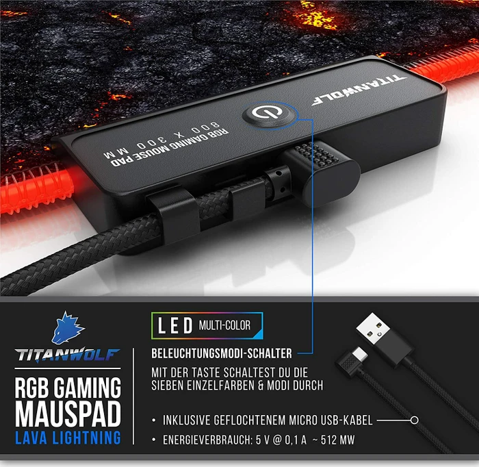 Titanwolf Lava Lightning RGB XXL Gaming-Mauspad, 800x300mm, schwarz/rot