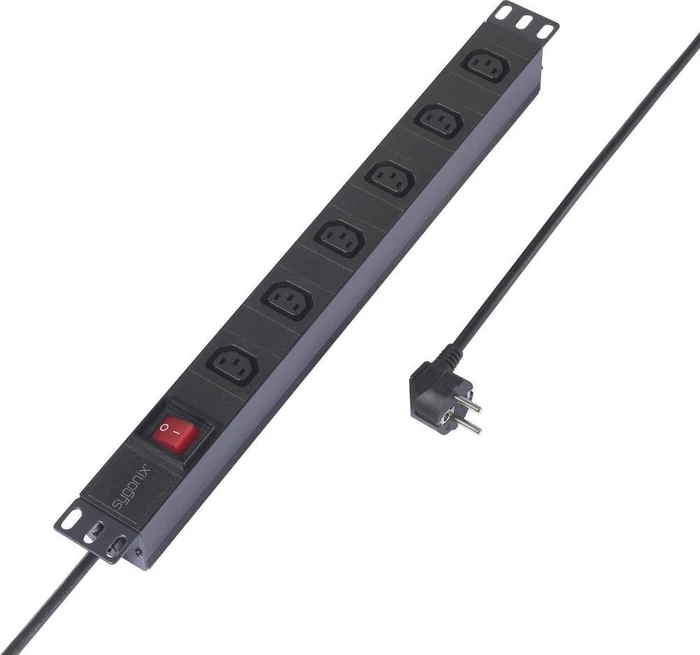 Sygonix 19" Aluminium Steckdosenleiste, 1HE, 6-fach, 230V, schwarz, 2m