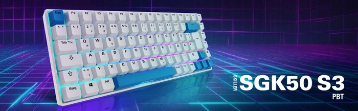 Sharkoon Skiller SGK50 S3 PBT, weiß/hellblau, LEDs RGB, hot-swap, Gateron G Pro 3.0 YELLOW, USB, DE