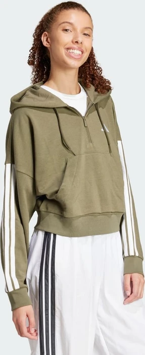 adidas Essentials 3-Streifen French Terry Quarter-Zip Hoodie olive strata/white (Damen)