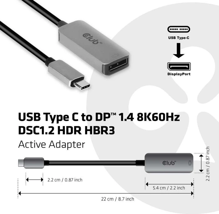 Club 3D aktives USB-C auf DisplayPort 1.4 Adapterkabel, 22cm