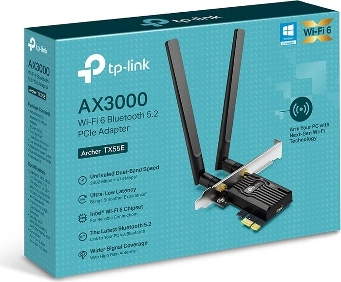 TP-Link AX3000, 2.4GHz/5GHz WLAN, Bluetooth 5.2 LE, PCIe x1