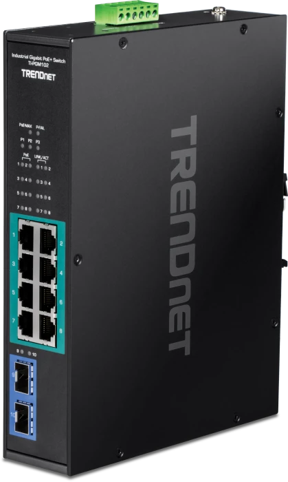 TRENDnet TI Hardened Industrial Railmount Gigabit Switch, 8x RJ-45, 2x SFP, 240W PoE+