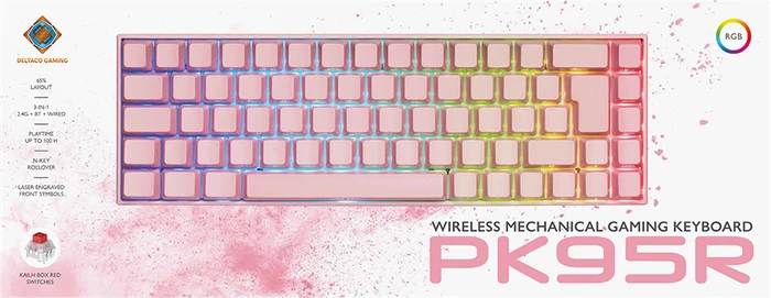 Deltaco Gaming PK95R Wireless 65% Layout, rosa, LEDs RGB, Kailh Box RED, USB/Bluetooth, DE