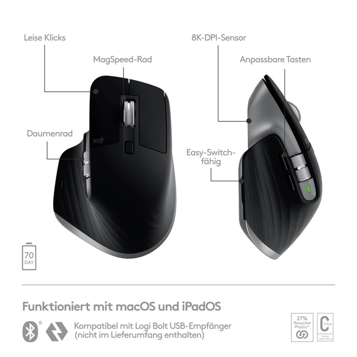 Logitech MX Master 3S for Mac Space Grey, Logi Bolt, USB/Bluetooth