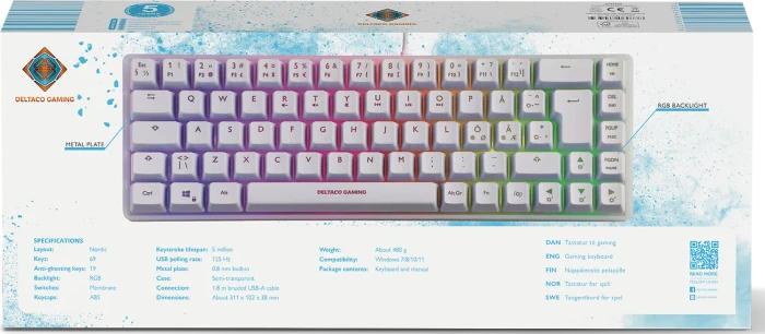 Deltaco Gaming WK70 Mini, 60%, weiß, LEDs RGB, semi-transparent, USB, ND