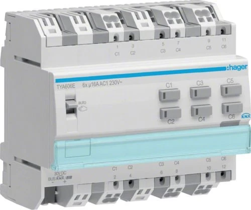 Hager KNX Schaltaktor 6/3-fach 16A C-Last, mit Stromerkennung, 6TE REG, Schaltaktor