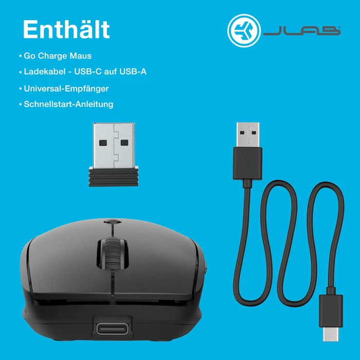 JLab Go Charge Wireless Mouse, schwarz, USB/Bluetooth