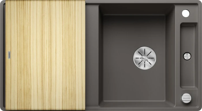 Blanco Axia III 5 S-F InFino Becken reversibel mit Ablauffernbedienung vulkangrau inkl. Holzschneidebrett