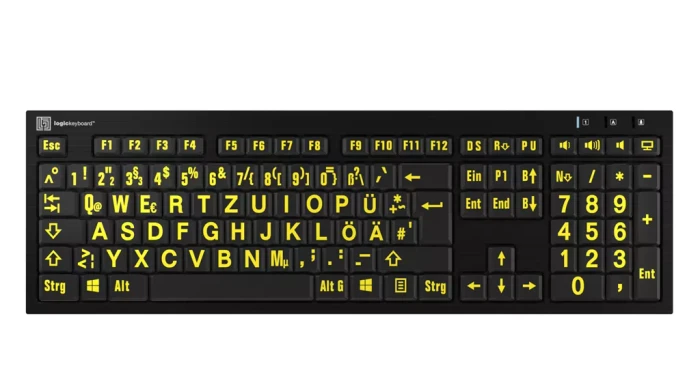 LogicKeyboard Nero Slim Line LargePrint PC, Yellow on Black, USB, DE