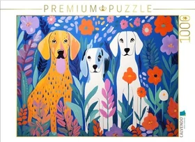 Calvendo Drei Hunde sitzen zwischen Blumen im Garten