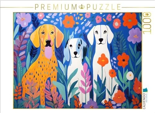 Calvendo Drei Hunde sitzen zwischen Blumen im Garten