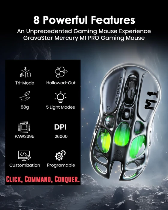 GravaStar Mercury M1 Pro Wireless Gaming Mouse, Gunmetal Grey, USB/Bluetooth